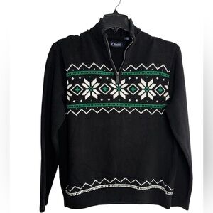 Chaps Nordic 1/4 Zip Mock Neck Sweater Large Black 100% Cotton Snowflake Ski EUC